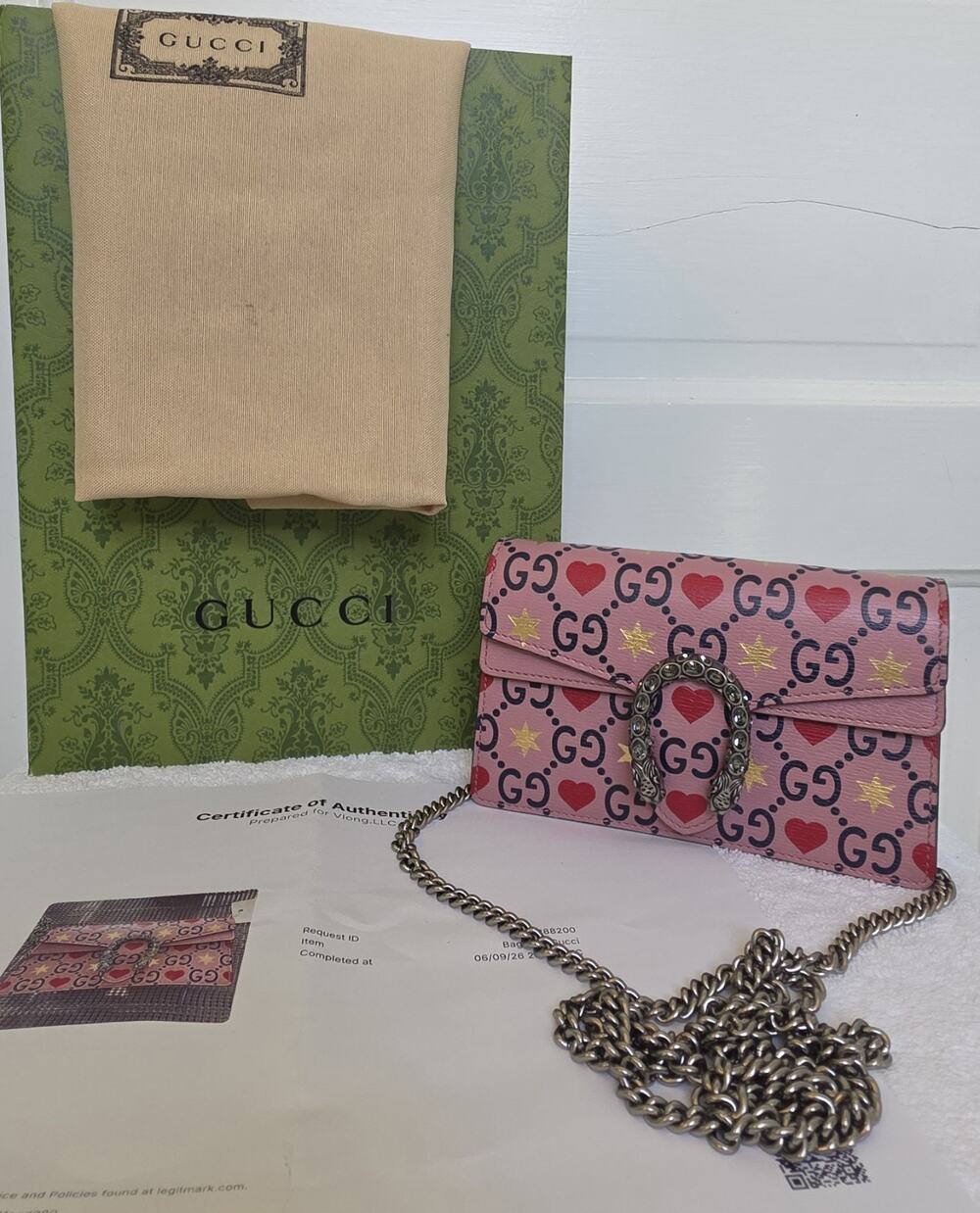 Gucci Dionysus Mini GG Heart Star Print Crossbody Chain Bag Pink Silver HW w/COA